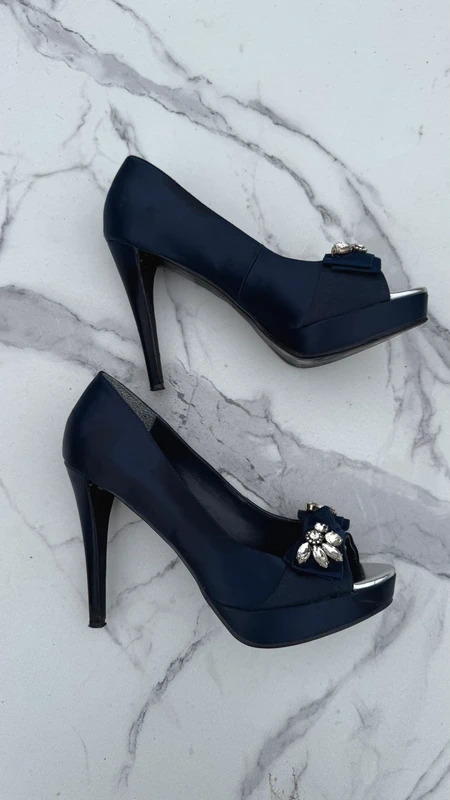 Next Navy Satin Peep-Toe Platform Heels UK 6.5 / EU 40 Crystal Bow Occasion Shoes - Image 5