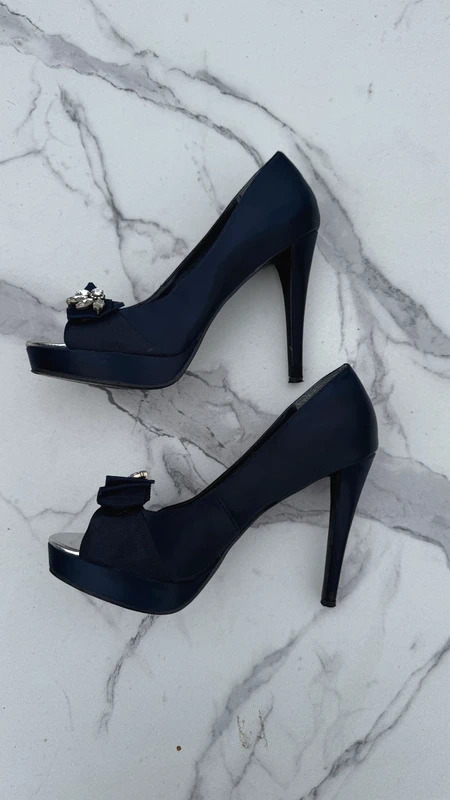 Next Navy Satin Peep-Toe Platform Heels UK 6.5 / EU 40 Crystal Bow Occasion Shoes - Image 6