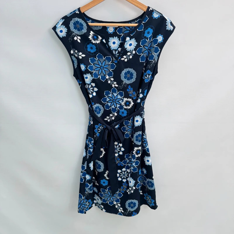 Red Herring Navy Floral Dress UK 10 Blue White Tie-Waist Tunic Short Sleeve Summer
