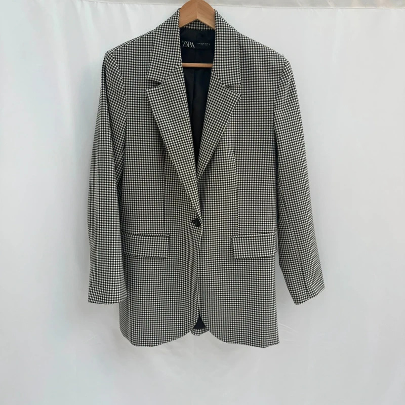 Zara M UK 10-12 Black White Check Longline Oversized Blazer Jacket 31"