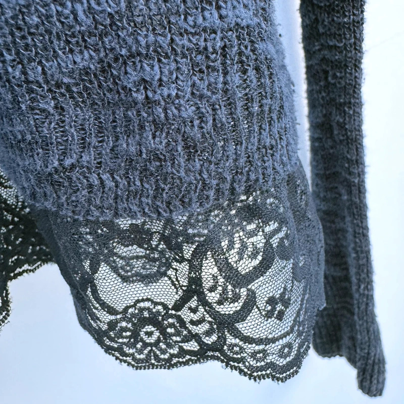 Hollister Dark Navy Knit Top | XS/S | Lace Hem Detail | Long Sleeve Lightweight Jumper - Image 3