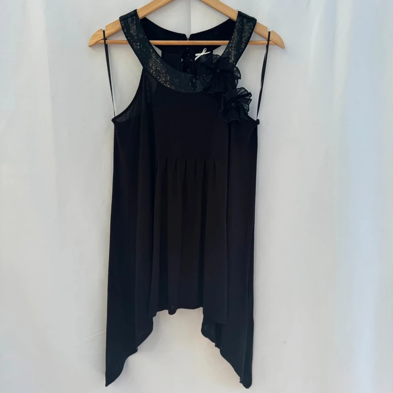 Next with Love Black Sequin Neck Tunic Asymmetric Hem Chiffon Flowers Tie Back Party Top