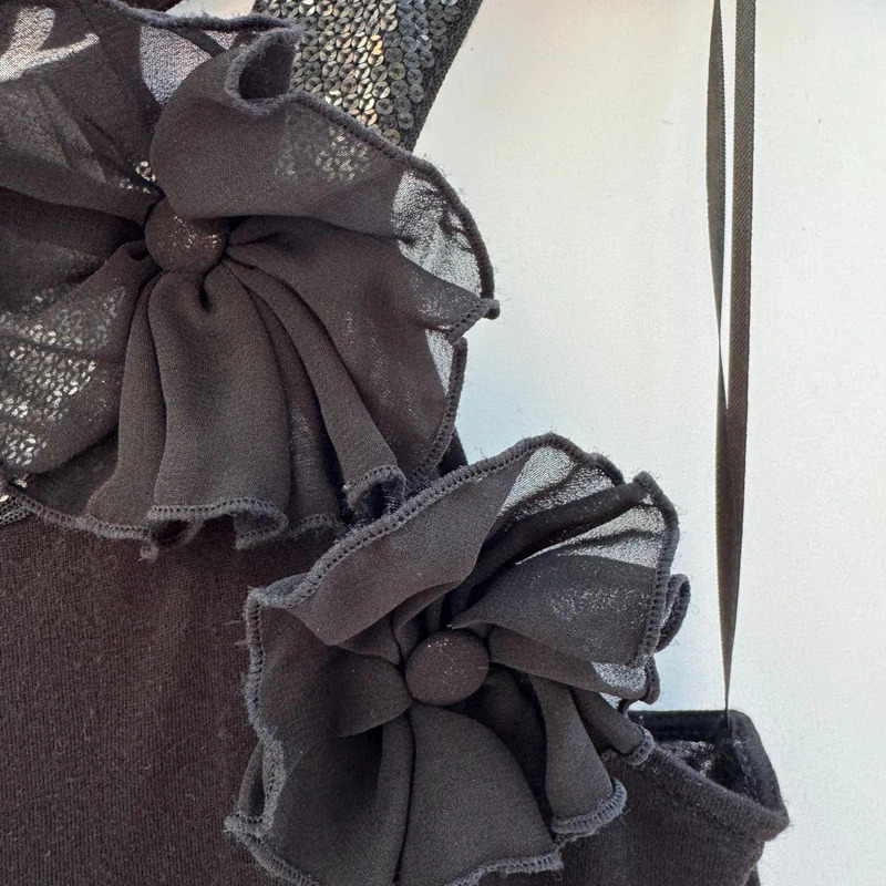 Next with Love Black Sequin Neck Tunic Asymmetric Hem Chiffon Flowers Tie Back Party Top - Image 2