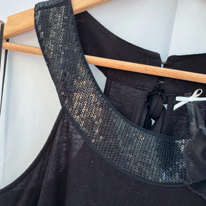 Next with Love Black Sequin Neck Tunic Asymmetric Hem Chiffon Flowers Tie Back Party Top - Image 3