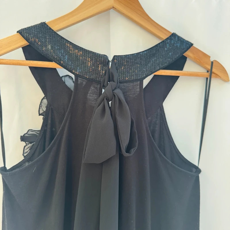 Next with Love Black Sequin Neck Tunic Asymmetric Hem Chiffon Flowers Tie Back Party Top - Image 7