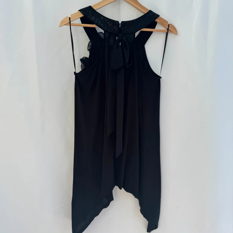 Next with Love Black Sequin Neck Tunic Asymmetric Hem Chiffon Flowers Tie Back Party Top - Image 9