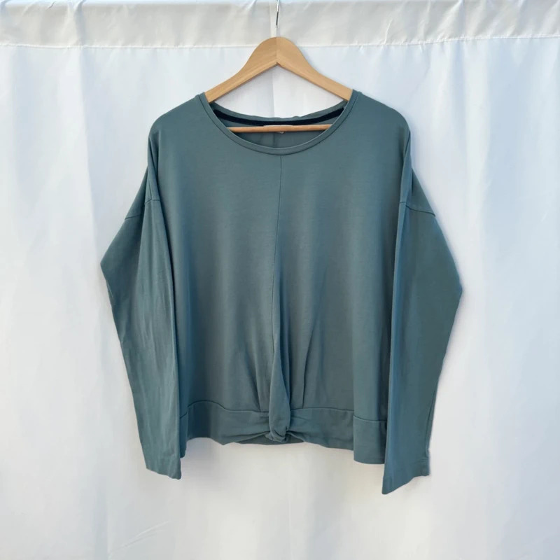 White Stuff Slate Blue Knot Front Top UK 12/14 Long Sleeve 100% Cotton Relaxed Fit