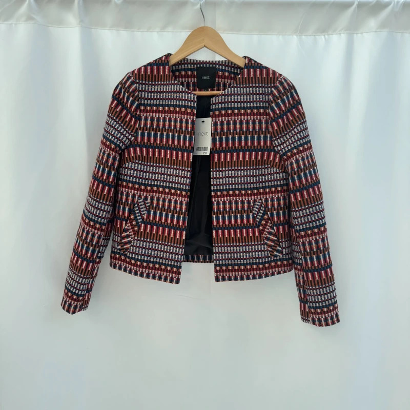 Next BNWT Woven Jacquard Jacket UK6 Red Blue Multi Open Front Cropped RRP £55