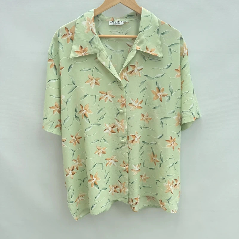 Vintage Beau Fashion Sage Green Floral Camp Shirt – Plus Size UK 24
