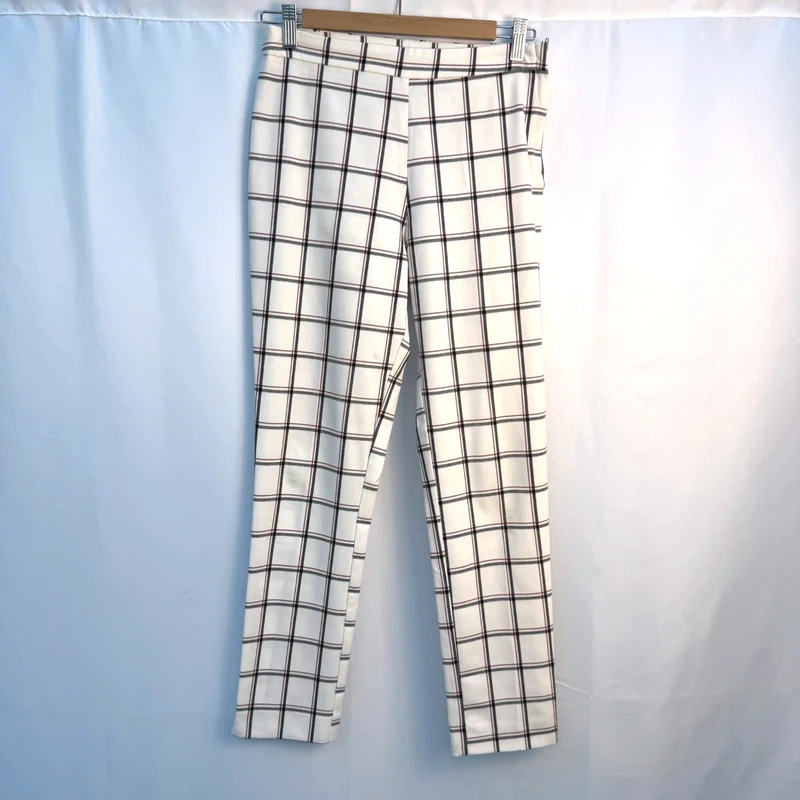 Stradivarius Cream Grid Check Trousers | EUR 38 / UK 10 | Slim Ankle Grazer | Excellent Condition