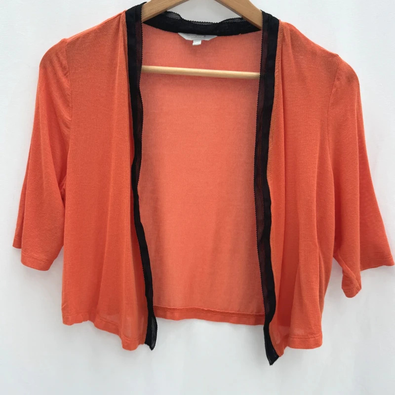 Per Una Burnt Orange Cropped Shrug Black Trim 3/4 Sleeve Open Cardigan UK 14
