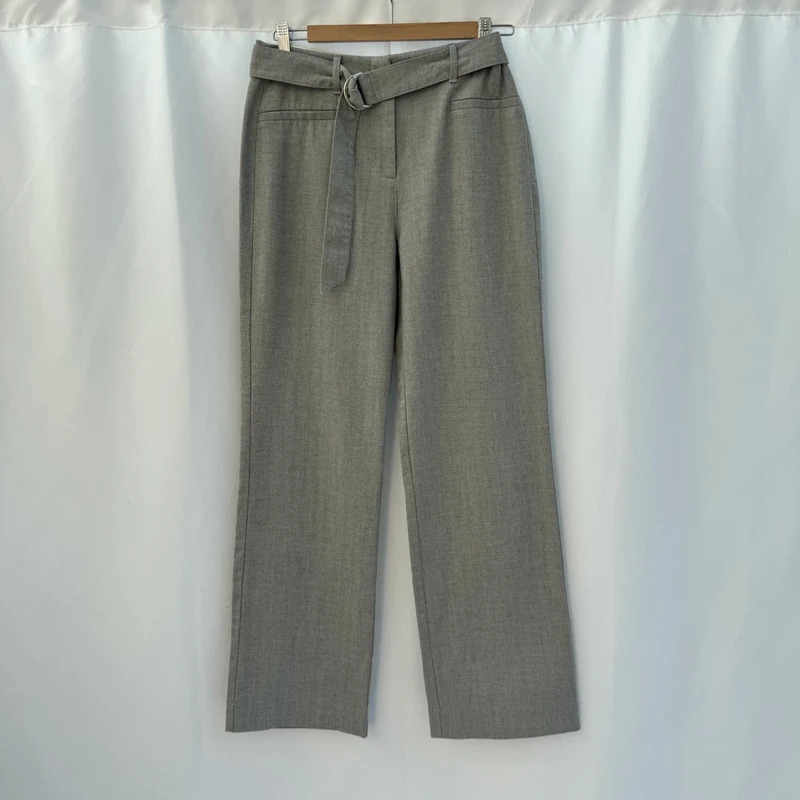 Esprit Grey Herringbone Trousers UK10 High Waist Belted Straight Leg Smart Office