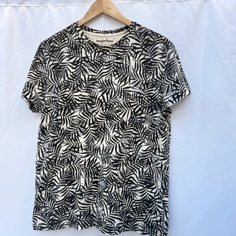 People Tree Organic Cotton Palm Print Tee S UK 8–10 Black Cream RRP £35