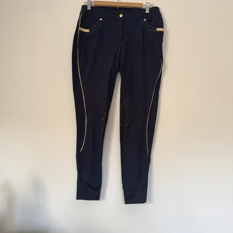 Lauria Garrelli Navy Full Grip Riding Breeches Gold Trim UK14 32" Dressage