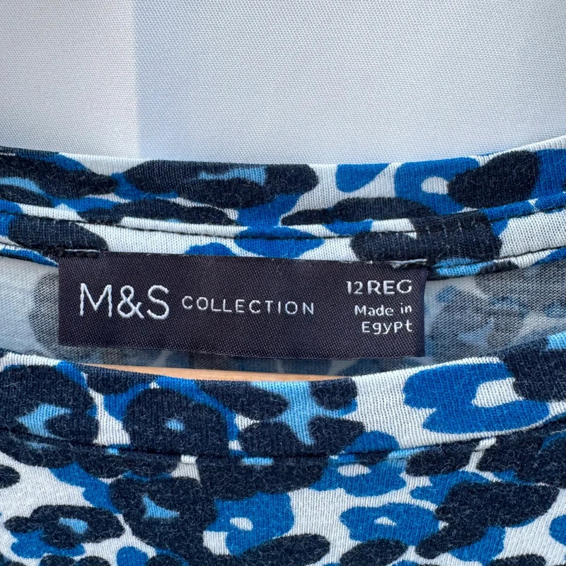 M&S Collection T-Shirt Dress UK 12 Blue Leopard Print 100% Cotton Pockets - Image 3
