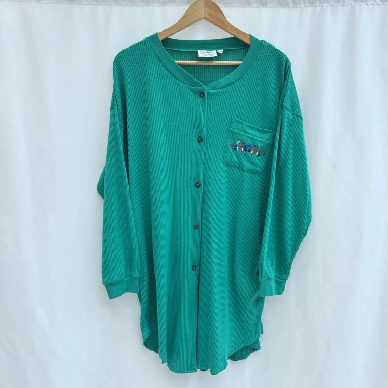Vintage sssShhh Nightwear Collection Teal Ribbed Embroidered Pocket Button Tunic UK S/M 10–14