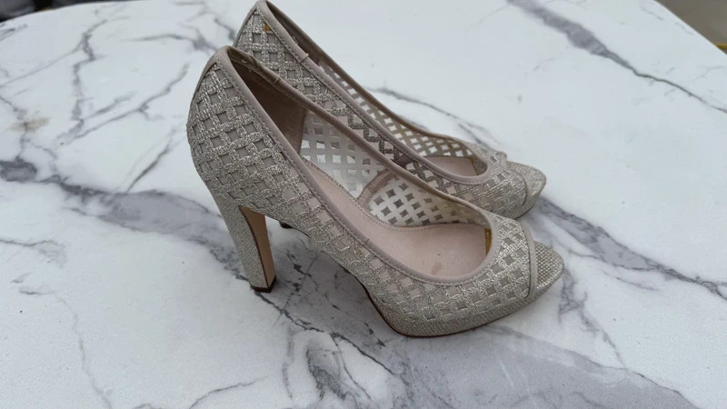 Next Champagne Gold Peep-Toe Platform Heels UK 6.5 / EU 40 Glitter Mesh Party Shoes