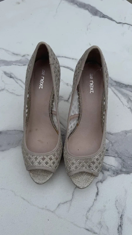 Next Champagne Gold Peep-Toe Platform Heels UK 6.5 / EU 40 Glitter Mesh Party Shoes - Image 2