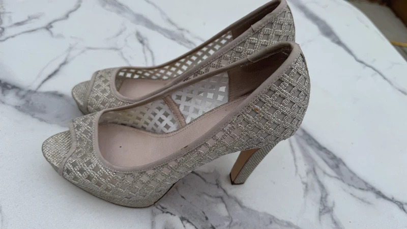 Next Champagne Gold Peep-Toe Platform Heels UK 6.5 / EU 40 Glitter Mesh Party Shoes - Image 3