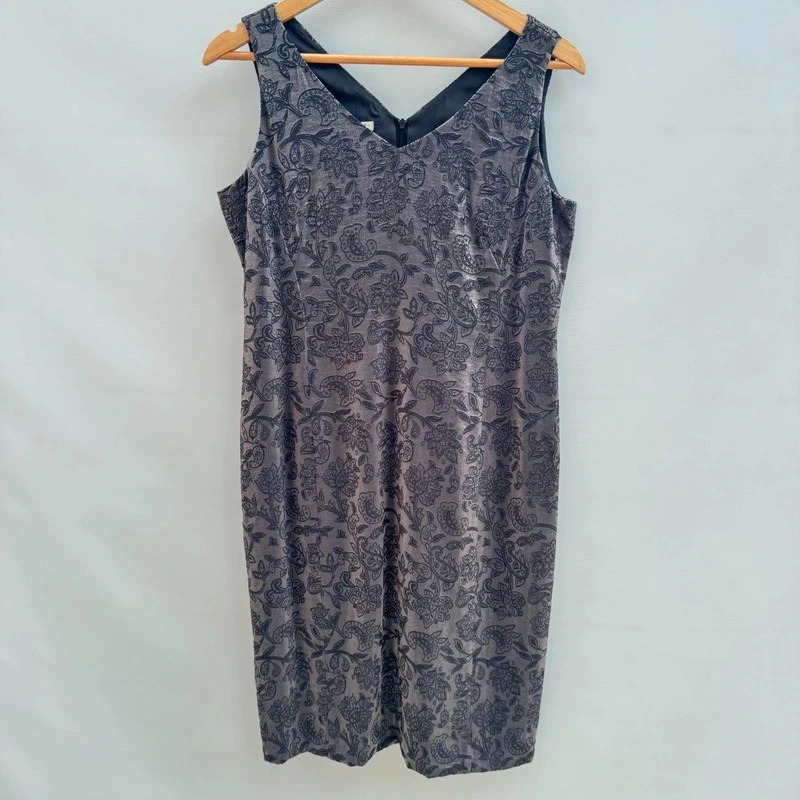 Precis Petite Shift Dress UK 12 Charcoal Grey Paisley Jacquard Sleeveless Midi