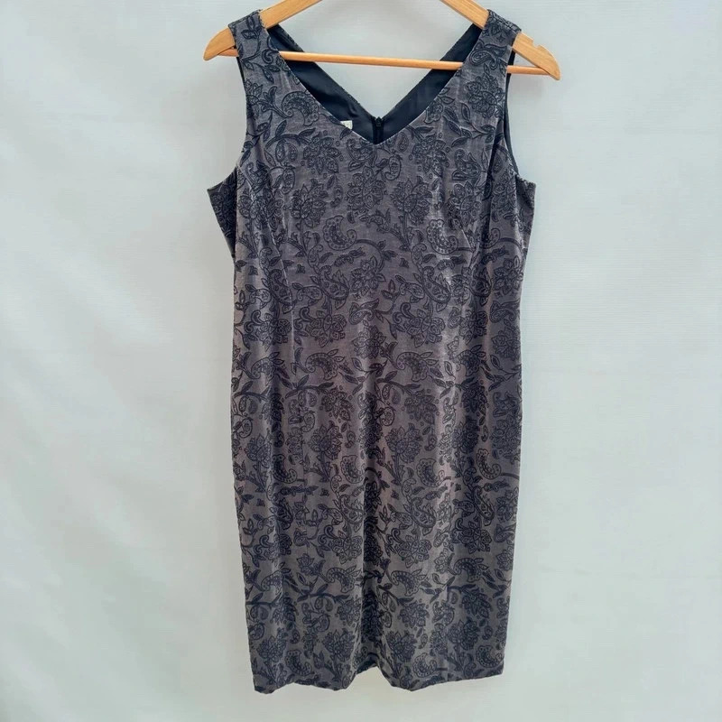 Precis Petite Shift Dress UK 12 Charcoal Grey Paisley Jacquard Sleeveless Midi - Image 3