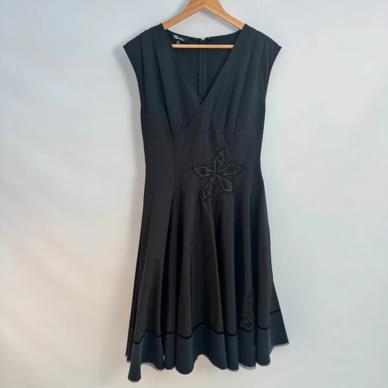 Signed by InWear Black Fit & Flare Midi Dress UK 12 Embroidered Velvet Mesh Trim