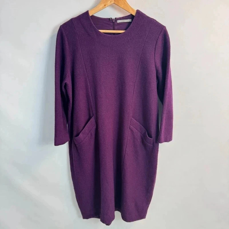 COS 100% Boiled Wool Cocoon Shift Dress Size L / UK14–16 Deep Purple