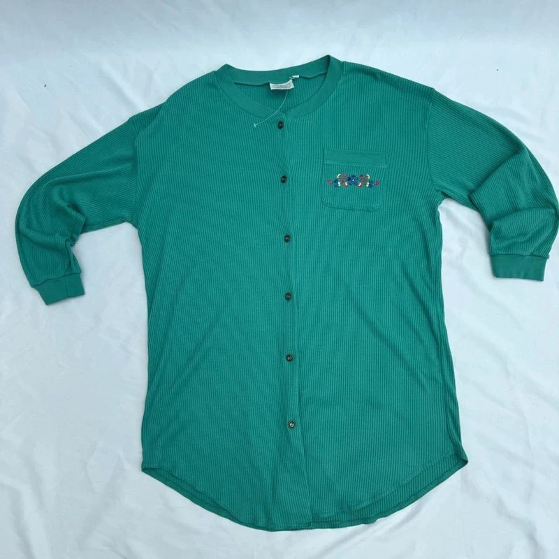Vintage sssShhh Nightwear Collection Teal Ribbed Embroidered Pocket Button Tunic UK S/M 10–14 - Image 8