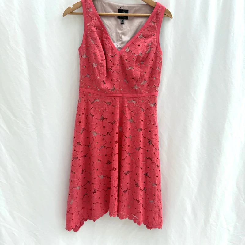 Adrianna Papell Coral Floral Lace Dress UK 8 Fit Flare Asymmetric Hem