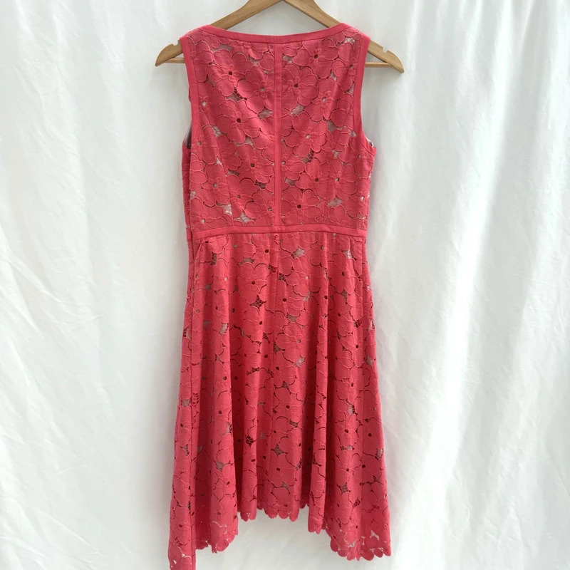 Adrianna Papell Coral Floral Lace Dress UK 8 Fit Flare Asymmetric Hem - Image 4
