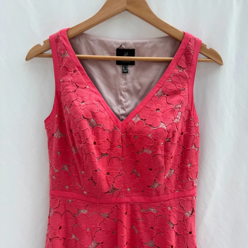 Adrianna Papell Coral Floral Lace Dress UK 8 Fit Flare Asymmetric Hem - Image 8