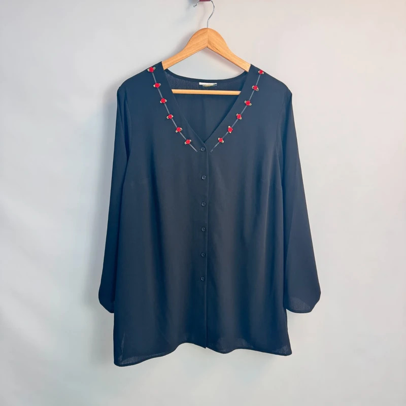 Vintage Y2K Black Blouse Red Rose Embroidery V-Neck Long Sleeve Button Front UK 22