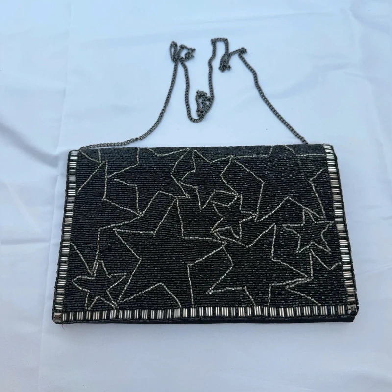 Last True Angel Black Beaded Star Clutch Bag Detachable Silver chain Strap Evening Bag
