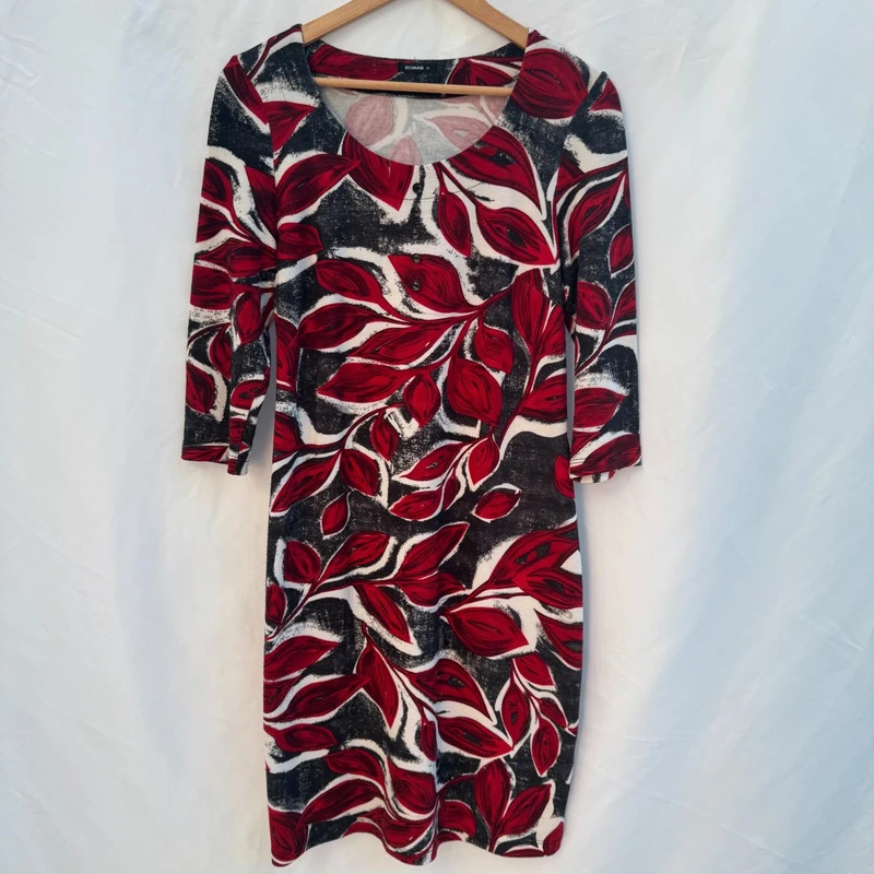 Roman Red Black Leaf Print Shift Dress 3/4 Sleeve Stretch Smart Casual UK 12