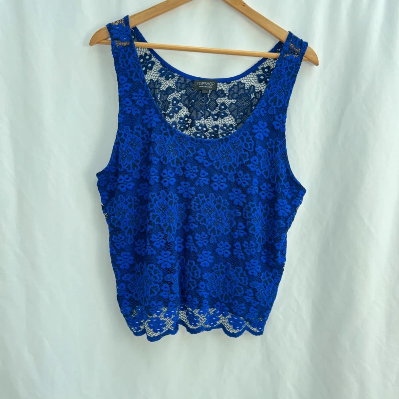 Topshop Cobalt Blue Lace Top Sleeveless Scoop Neck Fully Lined Smart Casual Size 16