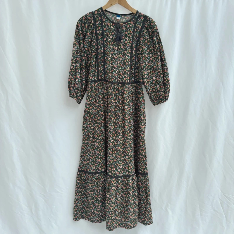 Old Navy Ditsy Floral Midi Dress Black Multicolour Tiered 3/4 Sleeve US S UK 8–10