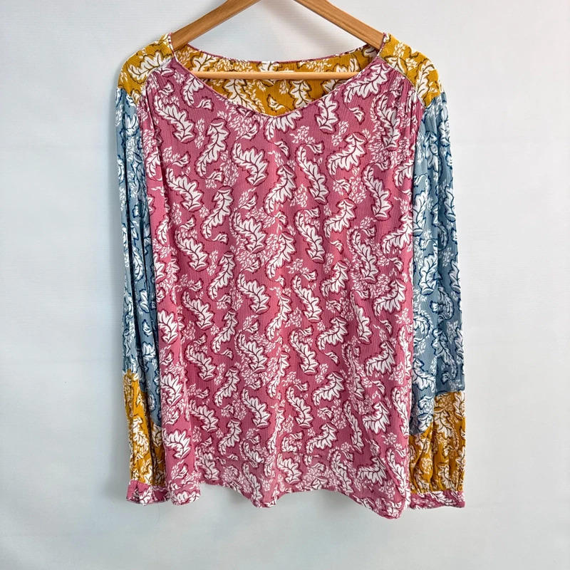 White Stuff Rosewood Leaf Print Top UK 14 Mid Pink Colour Block Long Sleeve Blouse