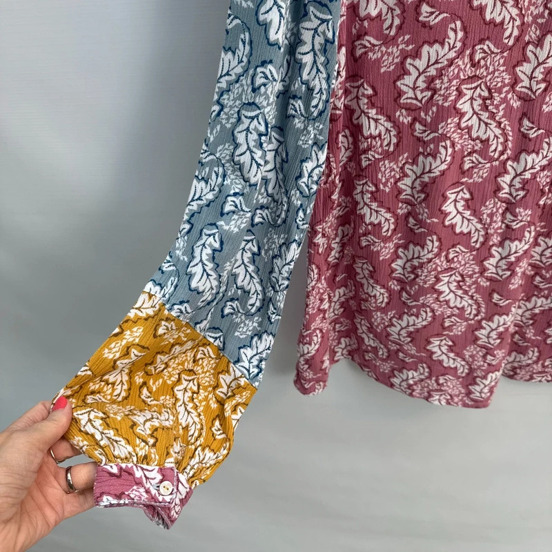 White Stuff Rosewood Leaf Print Top UK 14 Mid Pink Colour Block Long Sleeve Blouse - Image 3