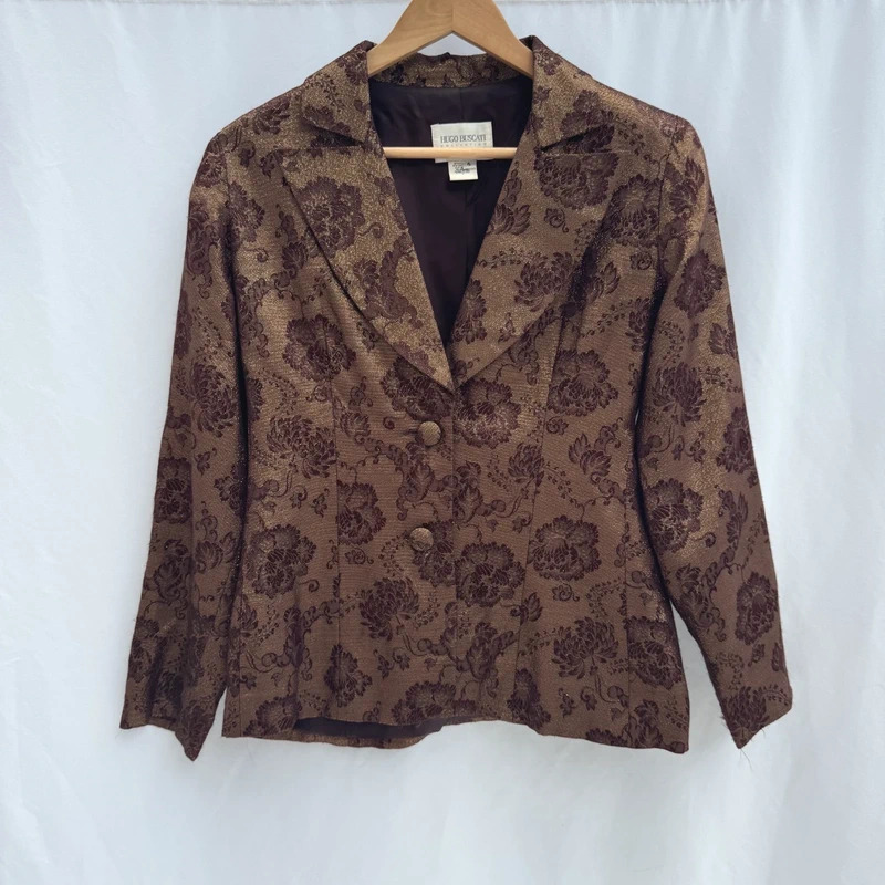 Vintage Hugo Buscati US 4 UK 8 Metallic Floral Brocade Jacket Brown Gold 90s Made in USA