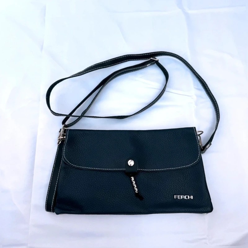 Ferchi Black & silver Metallic Leather Clutch Bag Detachable Crossbody Strap - Image 2