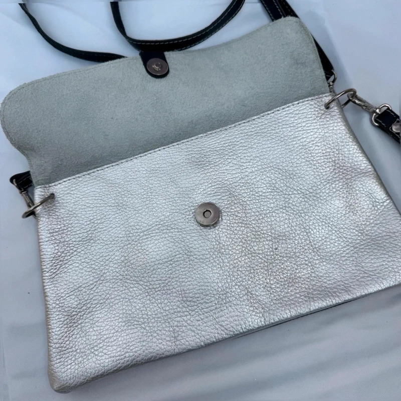 Ferchi Black & silver Metallic Leather Clutch Bag Detachable Crossbody Strap - Image 5