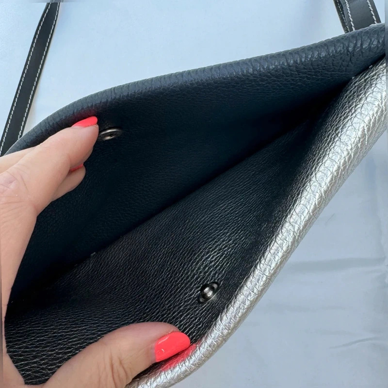 Ferchi Black & silver Metallic Leather Clutch Bag Detachable Crossbody Strap - Image 7