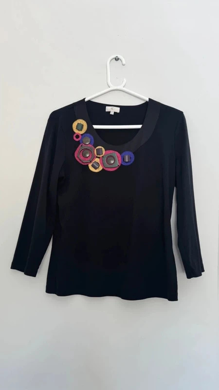Country Casuals Black Embellished Top - Artisan Neckline 3/4 Sleeve - Size M / UK 12-14