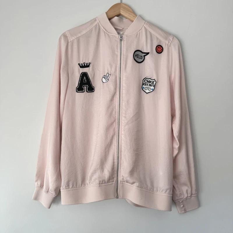 H&M Pale Pink Bomber Jacket Age 13–14 Years UK 10-12 Fun Embroidered Patches
