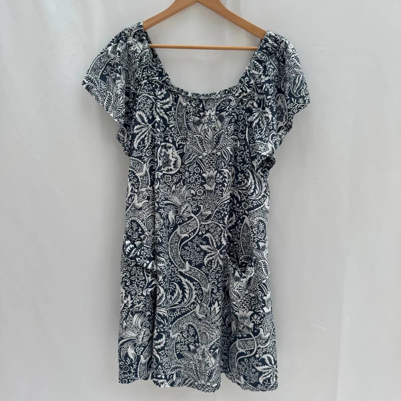 Next x Morris & Co Navy Floral Tunic Dress UK 12 Off-Shoulder Pockets Linen Blend