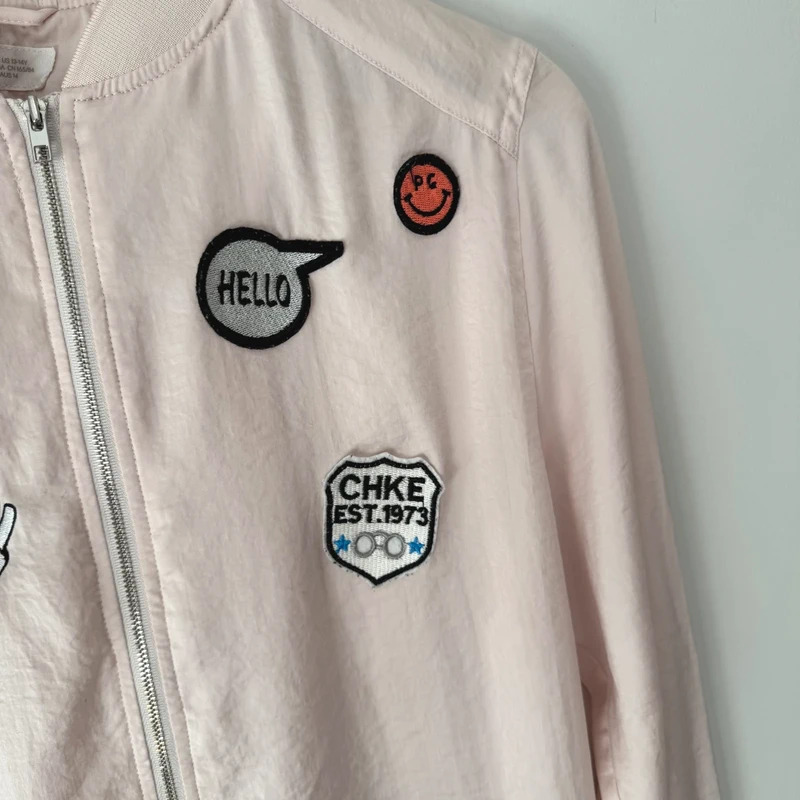 H&M Pale Pink Bomber Jacket Age 13–14 Years UK 10-12 Fun Embroidered Patches - Image 2