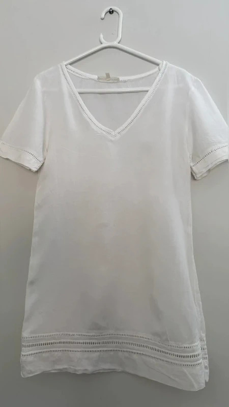 Next Beachwear White Linen Blend cover Up Dress | Size S | V-Neck Broderie Trim