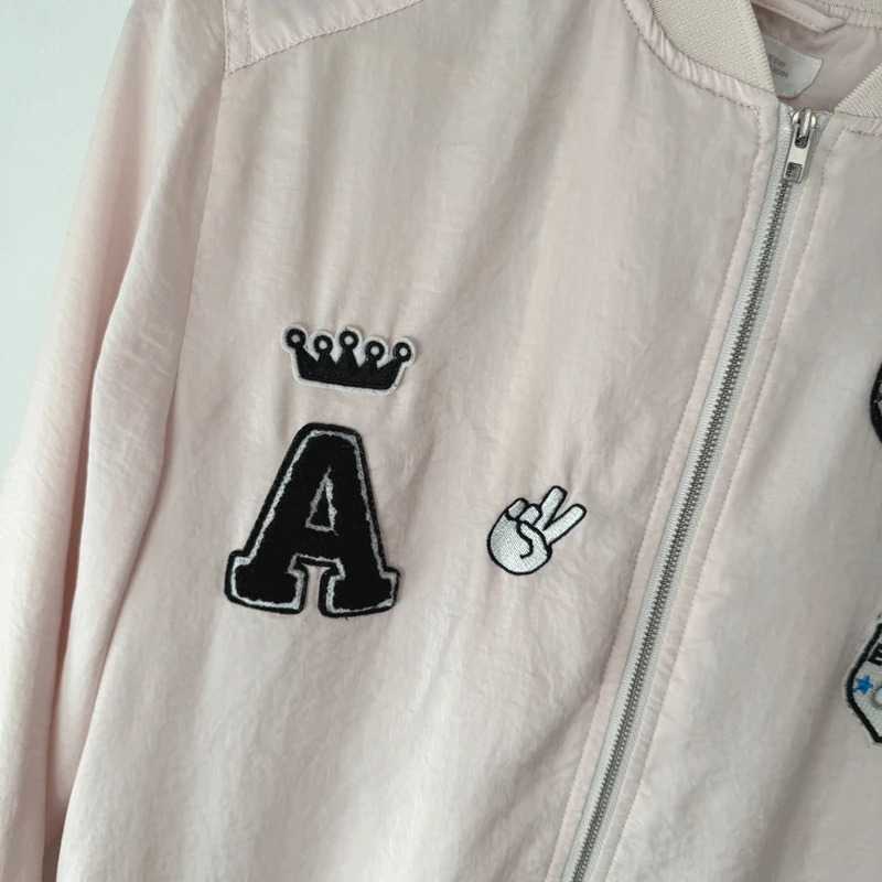 H&M Pale Pink Bomber Jacket Age 13–14 Years UK 10-12 Fun Embroidered Patches - Image 3