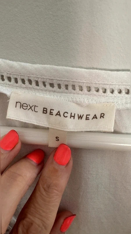Next Beachwear White Linen Blend cover Up Dress | Size S | V-Neck Broderie Trim - Image 4