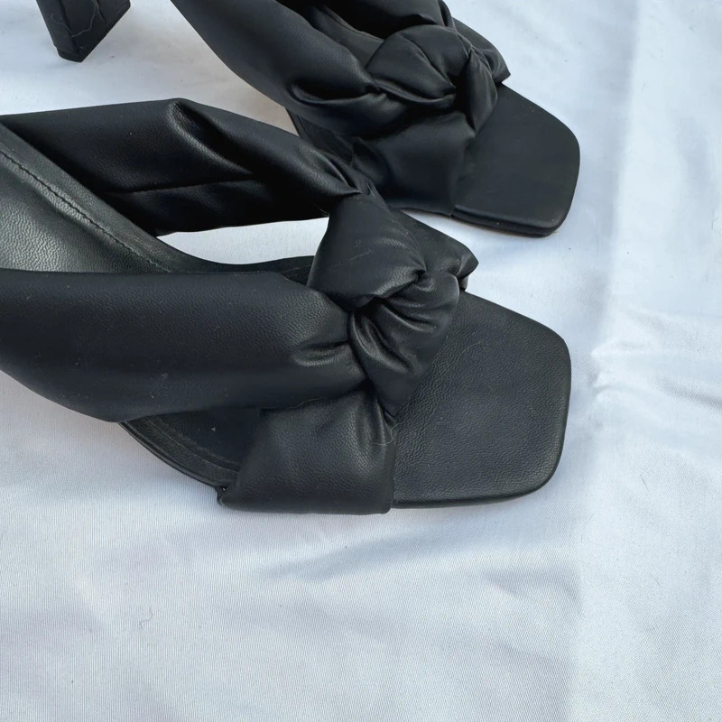 H&M Black Knotted Mule Heels Square Toe Padded Faux Leather Block Heel UK 8 / EU 41 - Image 2